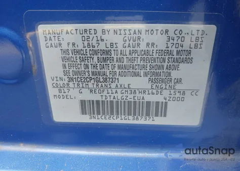 2016 Nissan Versa Note Sr z USA, uszkodzony, nr VIN 3N1CE2CP1GL387371